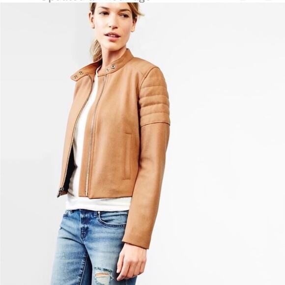 GAP Womens Large Moto Biker Wool Blend Zip Tan Quilted Cropped Jacket - Picture 1 of 13
